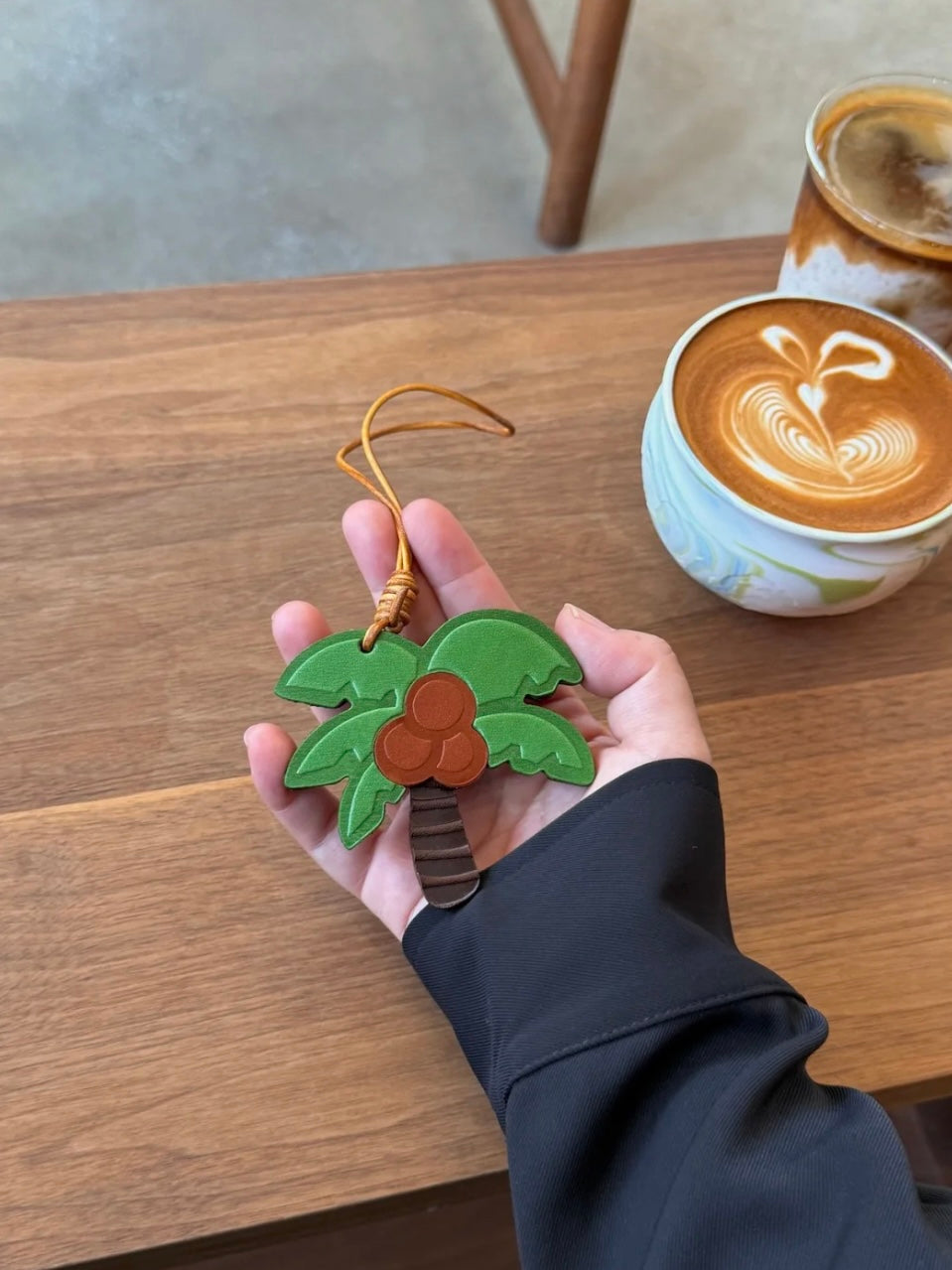 Handmade Leather Palm Tree Bag Charm – Tropical Coconut Keychain Gift