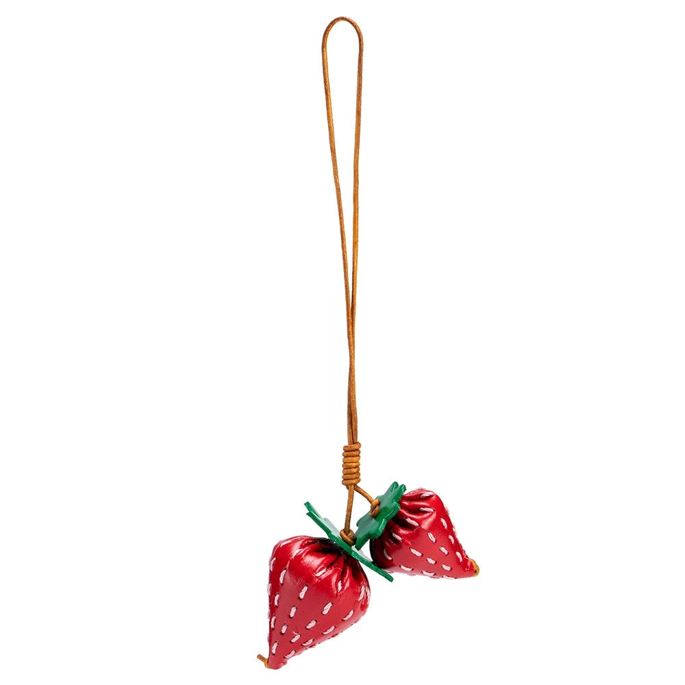 Handmade leather strawberry charm – cute bag keychain