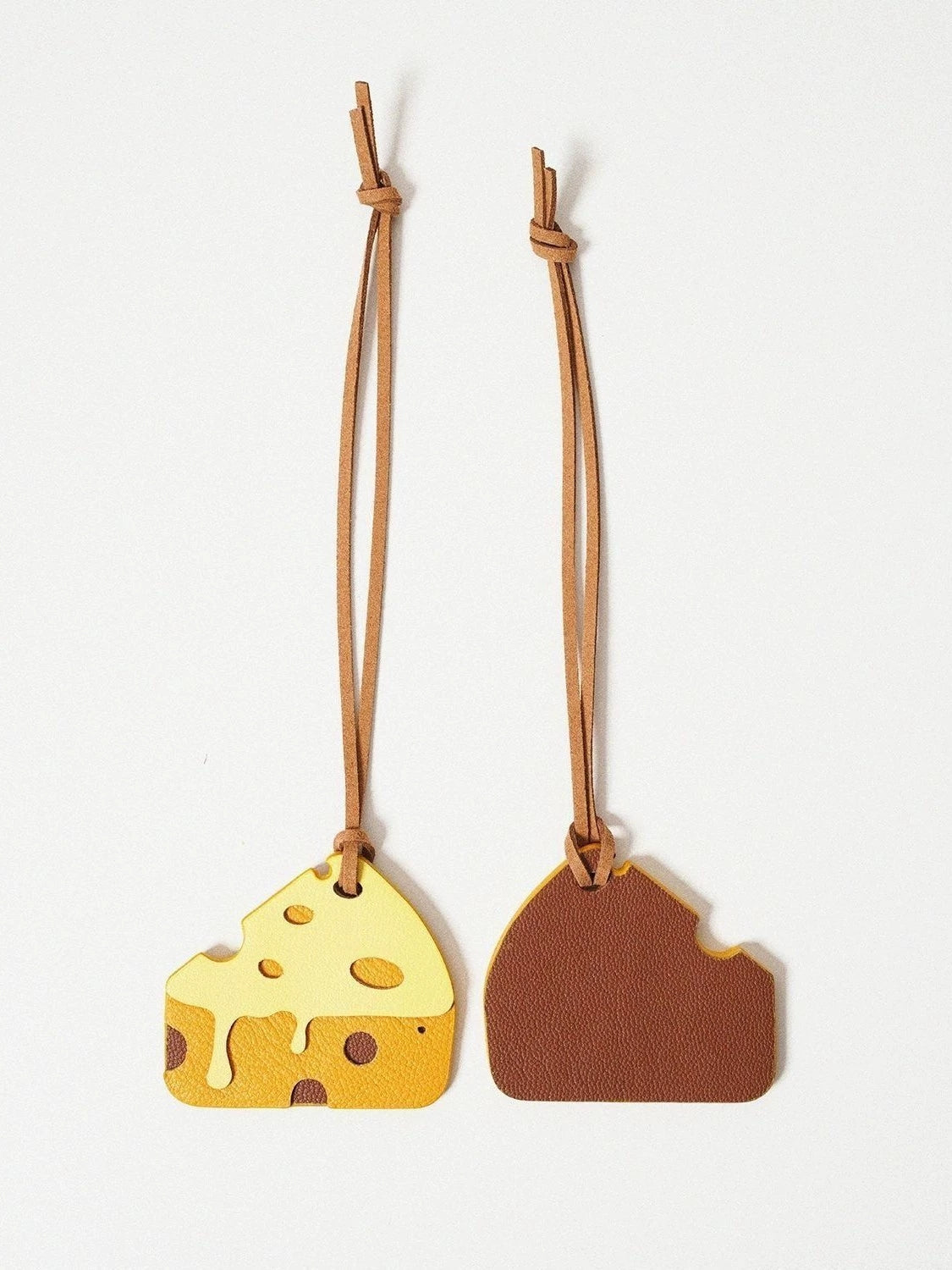 Yellow cheese-shaped leather bag charm – handmade accessory