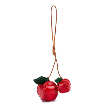 Handmade leather cherry bag charm – red fruit keychain