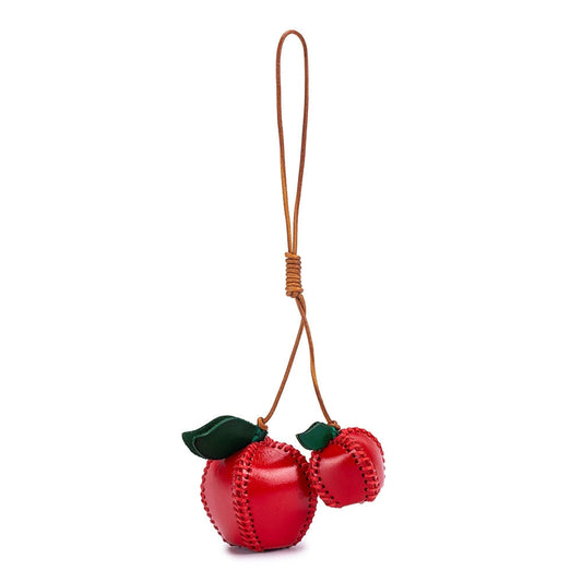 Handmade leather cherry bag charm – red fruit keychain