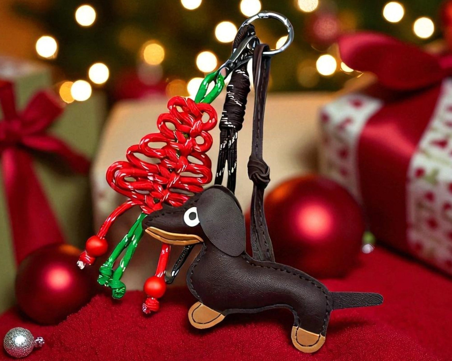 Christmas Handmade Leather Dachshund Dog Keychain
