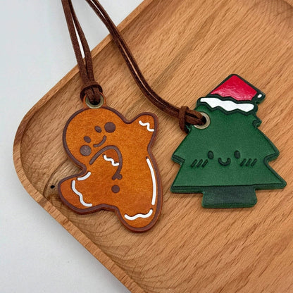 Handmade leather Christmas bag charm – gingerbread man and tree keychain