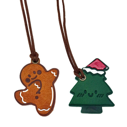 Handmade leather Christmas bag charm – gingerbread man & tree keychain