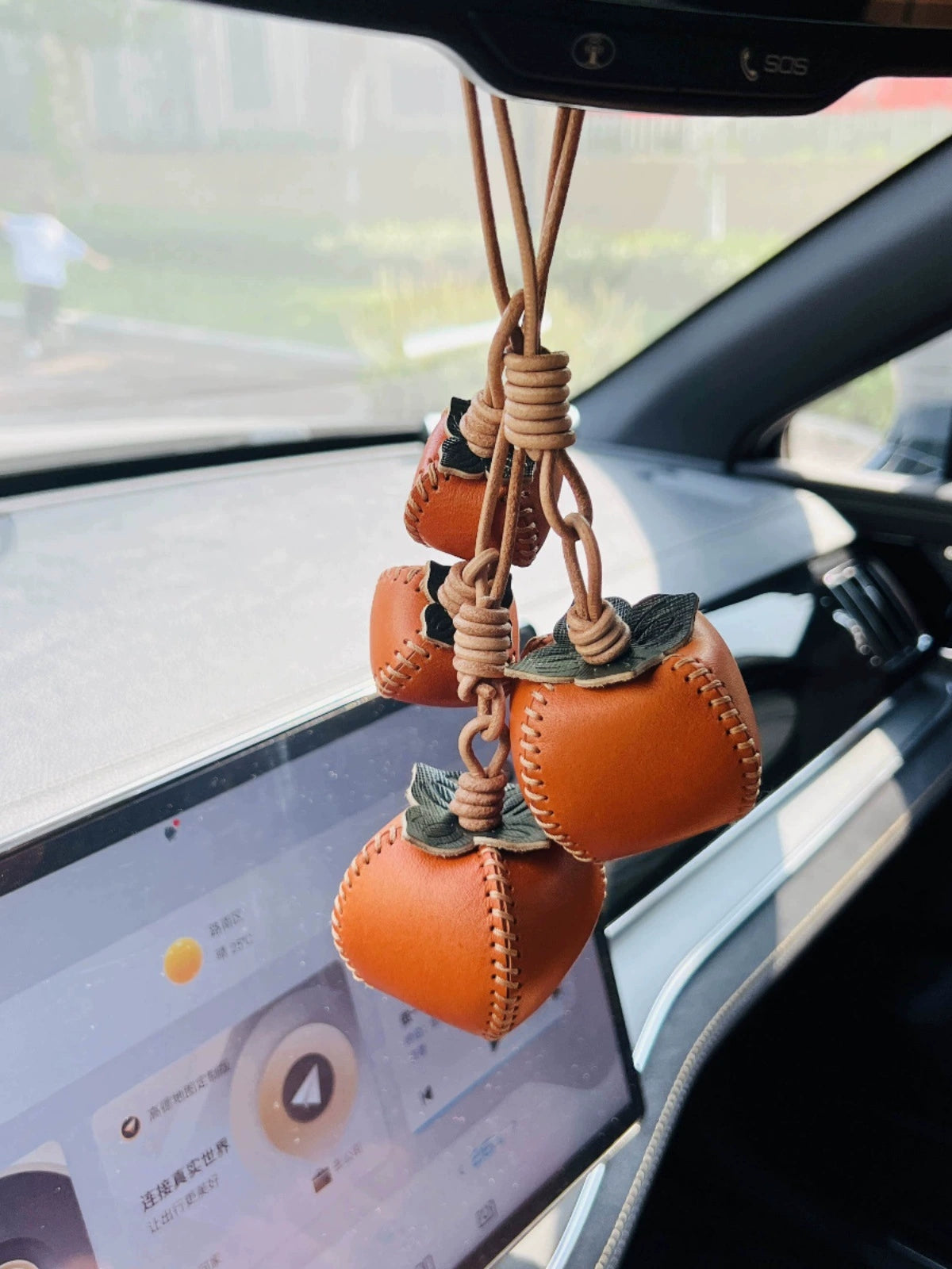Leather persimmon bag charm – handmade pendant for fortune