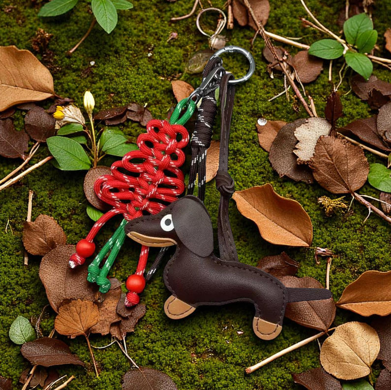 Leather dachshund pendant with festive lucky knot – handmade charm