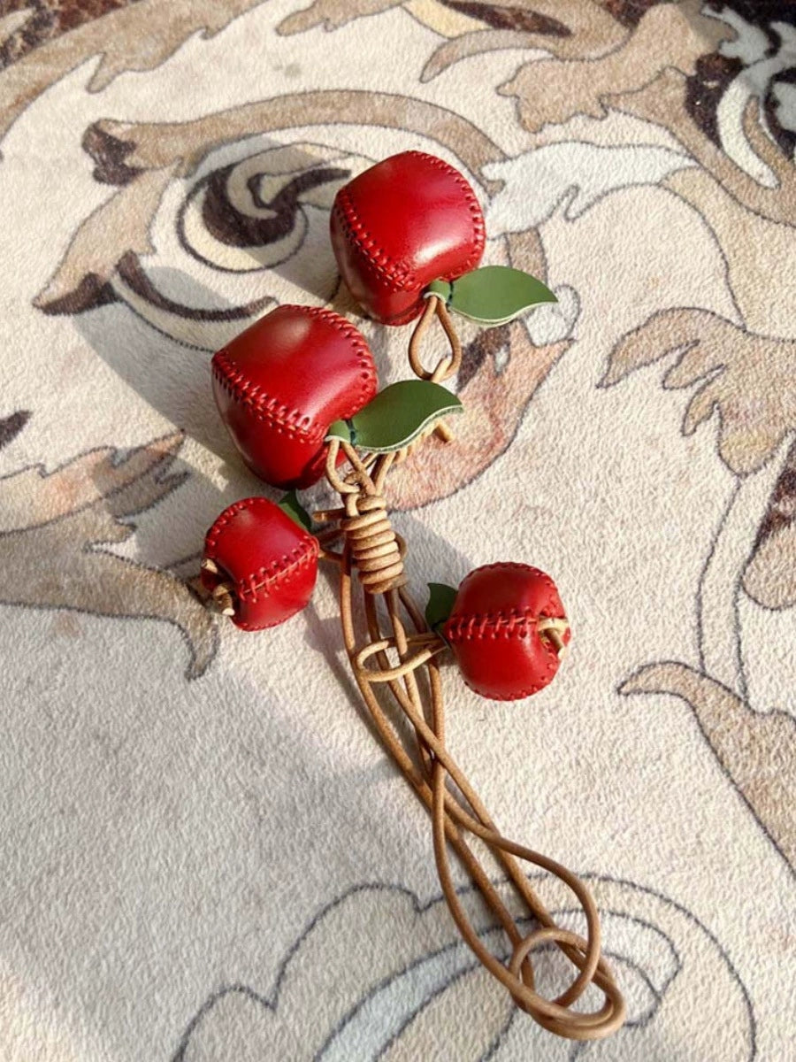 Leather cherry bag charm on handbag – handmade accessory