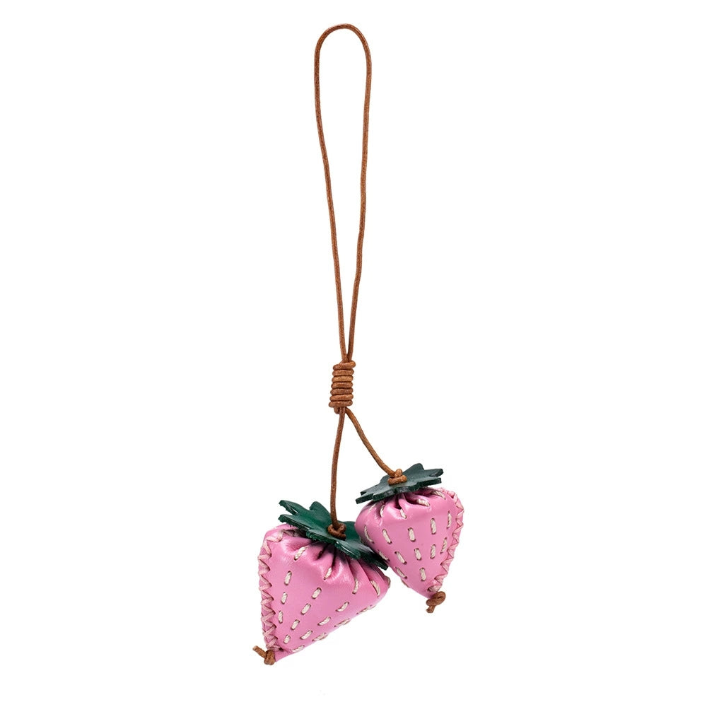 Pink strawberry leather pendant – handmade fruit charm